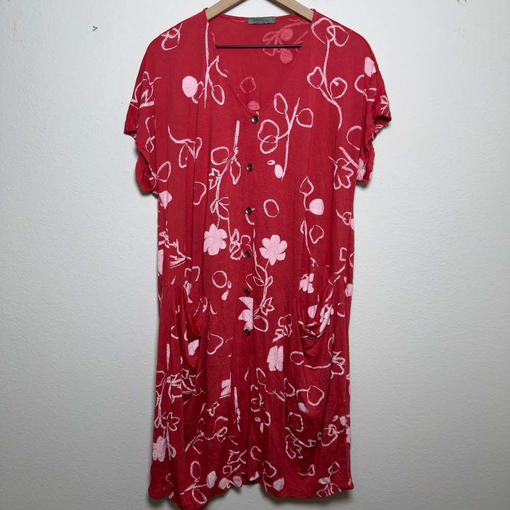 Chalet et Ceci Womens Dress‎ M Red Bamboo Blend Floral Button Front Pockets Boho